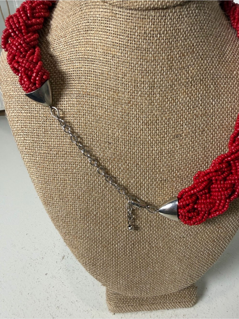 Red Corral Bead Statement Necklace Chunky Braided Seed Bead Collar Bib Necklace - Picture 2 of 3